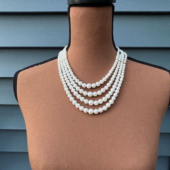 Vintage Tri-Strand Graduated Faux Pearl Choker  Bib Collar Necklace Hook Closure - Picture 7 of 8